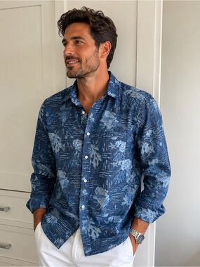 Arizona Jean Co Men’s Ocean Print Button Up Shirt Size L Blue Cotton Shirt